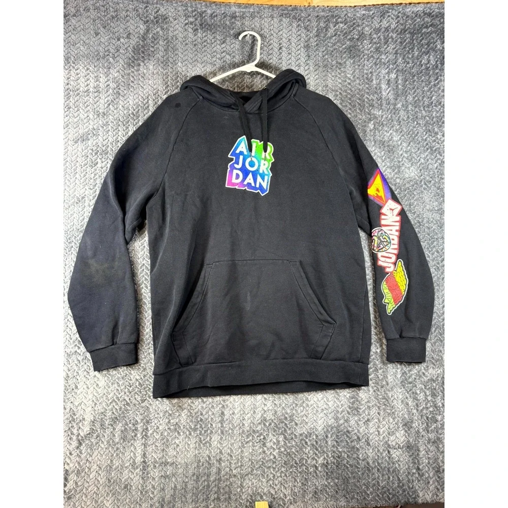 Nike Air Jordan Hoodie Mens Large Black Rainbow Neon Logo Graphic Sleeve Jumpman